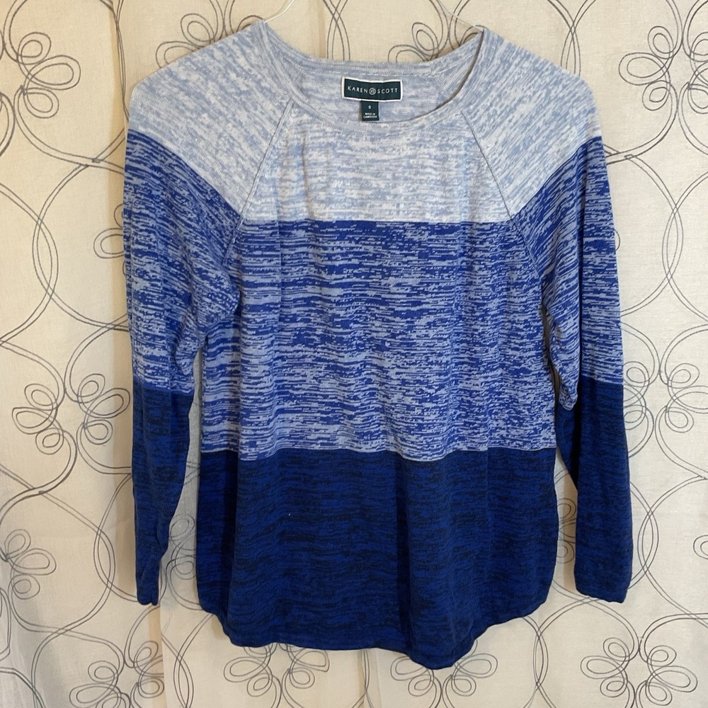Women's Karen Scott Pullover Sweater Blue Color block Long Sleeve Size Small